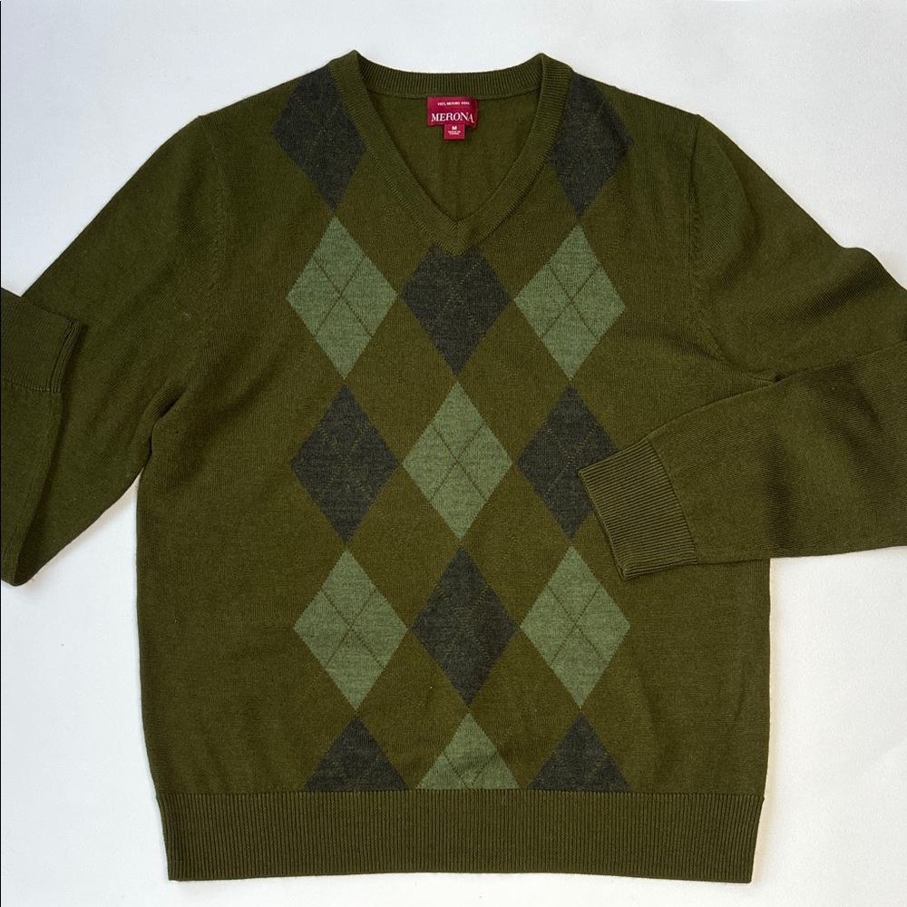 Men’s Merona argyle v neck sweater merino wool golf classic heritage‎